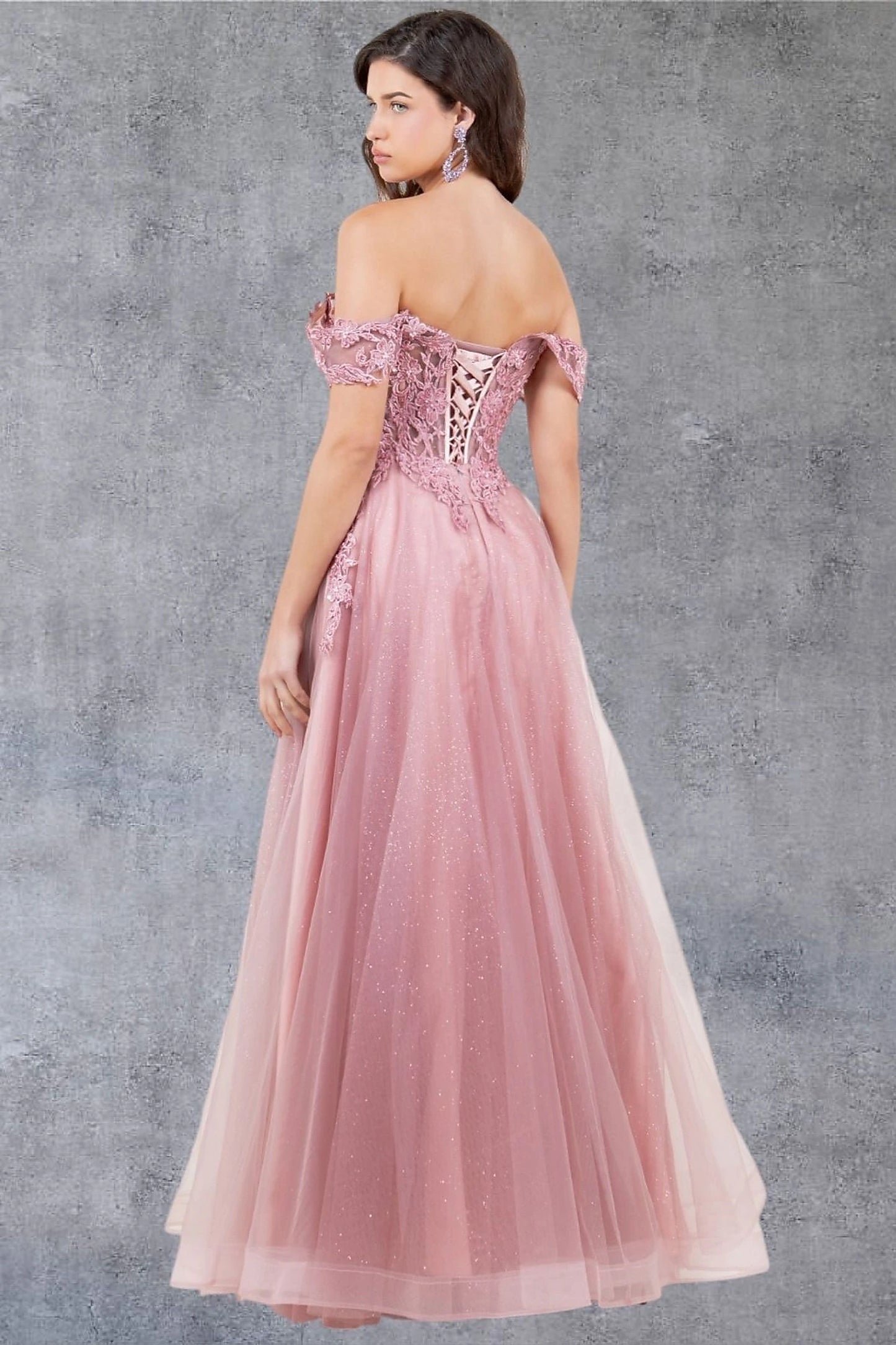 Dusty Rose evening dress designed with corset lace-up back and zipper closure