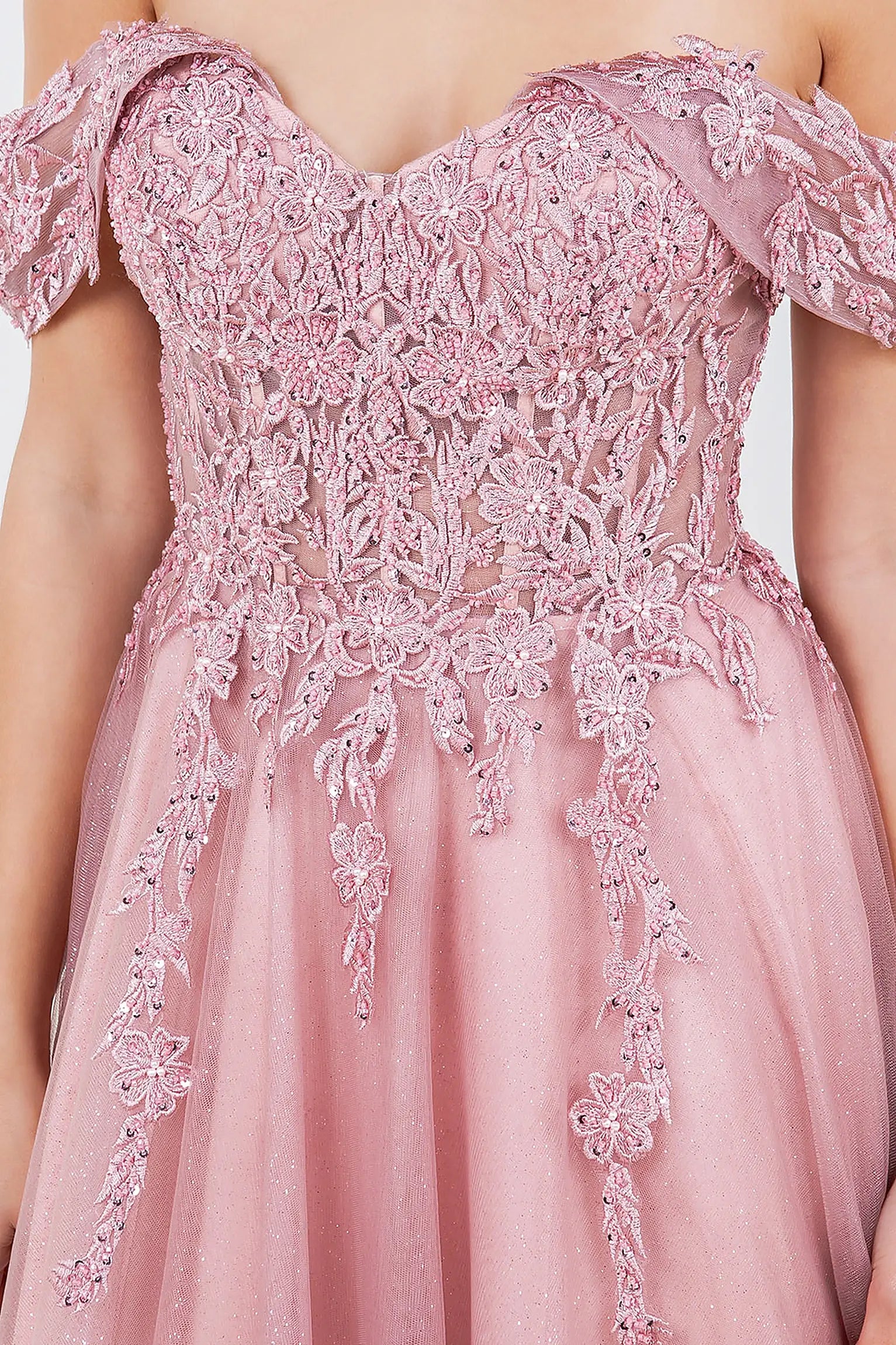Dusty Rose evening dress featuring lace embroidery with beadwork and sequins