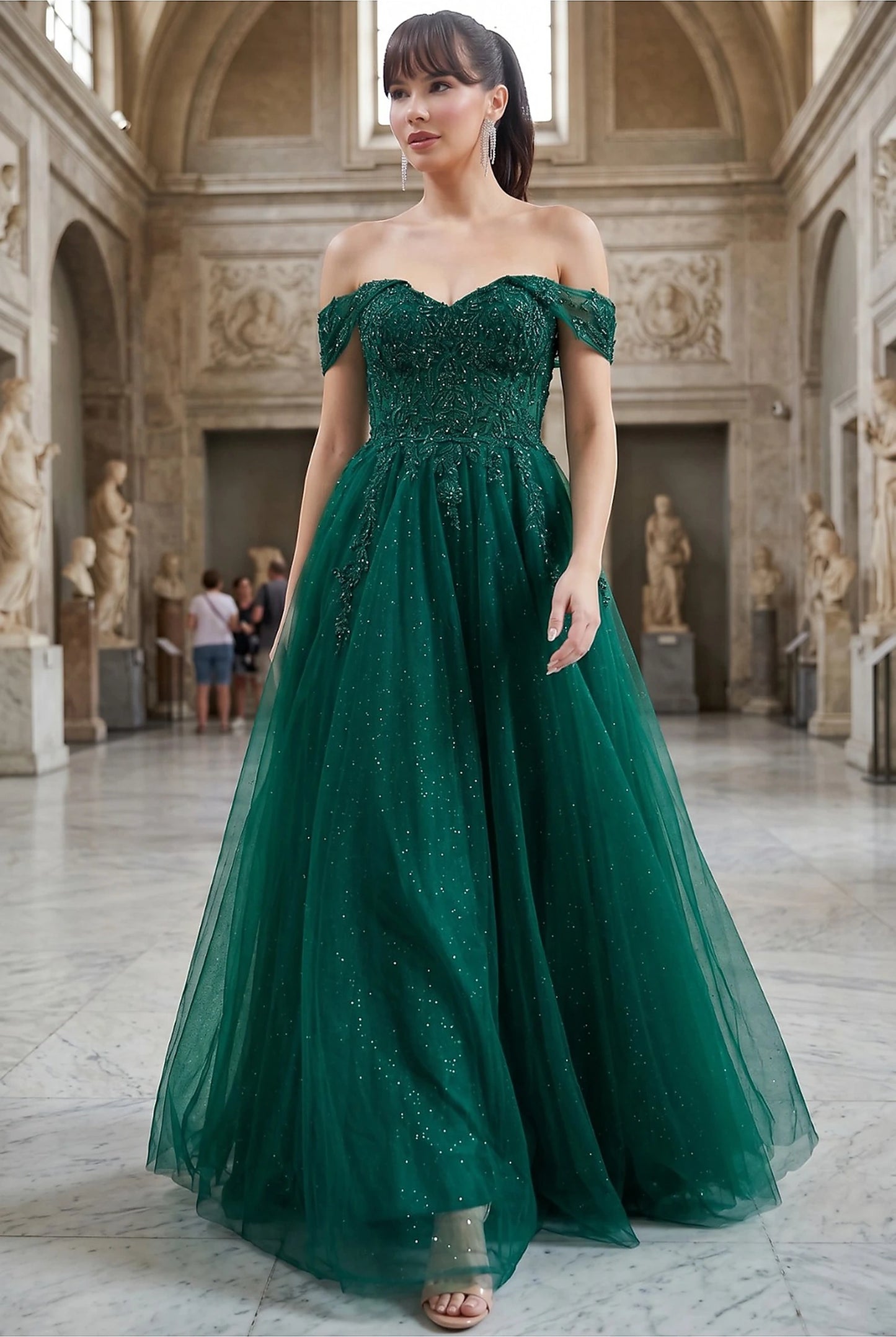 Hunter Green evening dress with sweetheart neckline and off-the-shoulder cap sleeves