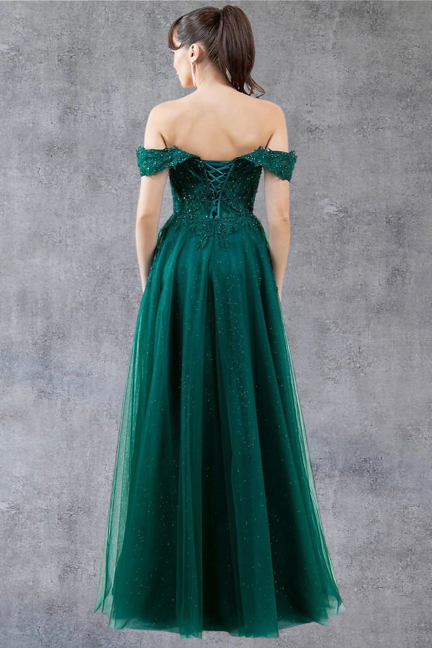 Hunter Green evening dress designed with corset lace-up back and zipper closure