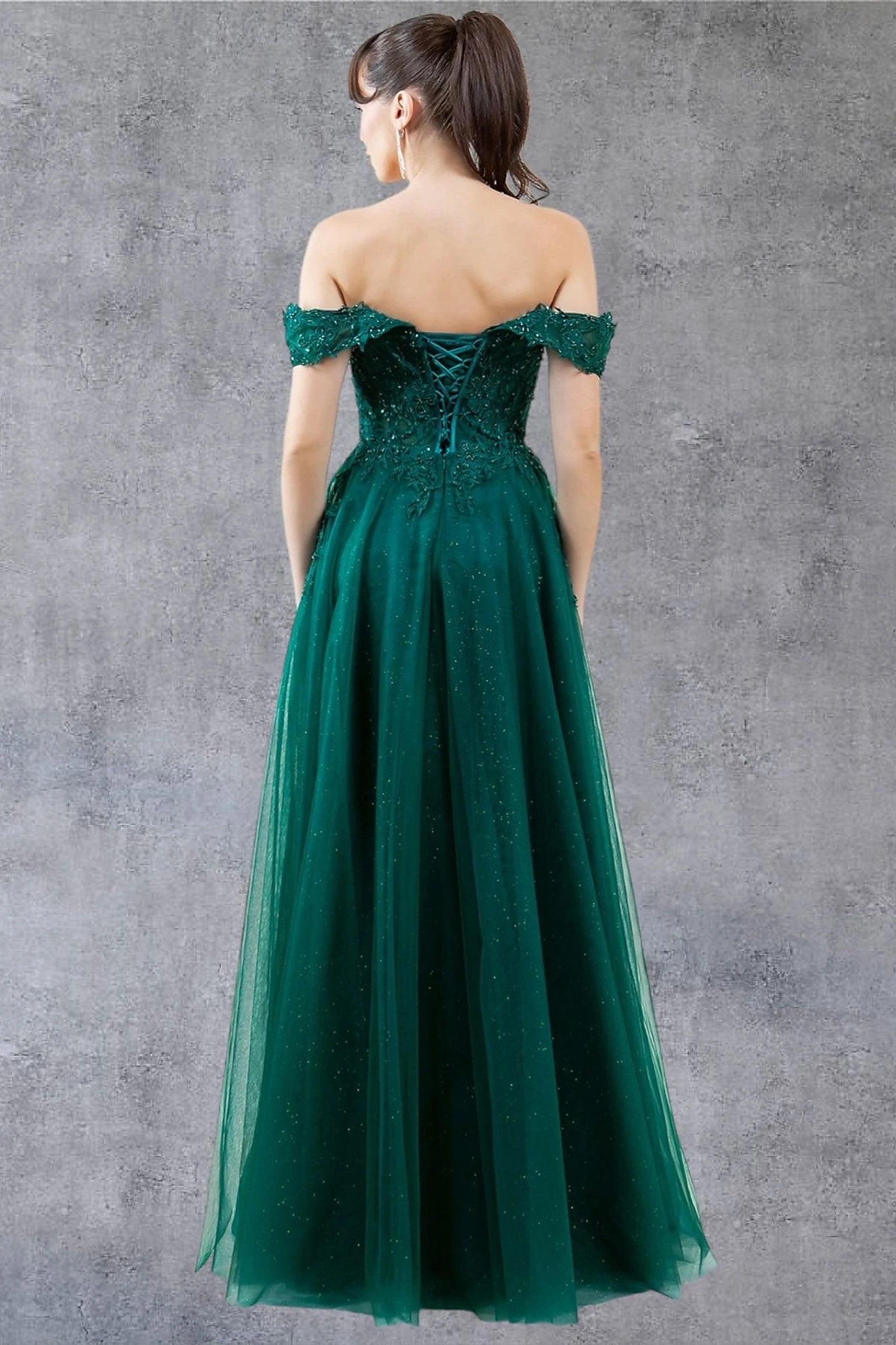 Hunter Green evening dress designed with corset lace-up back and zipper closure