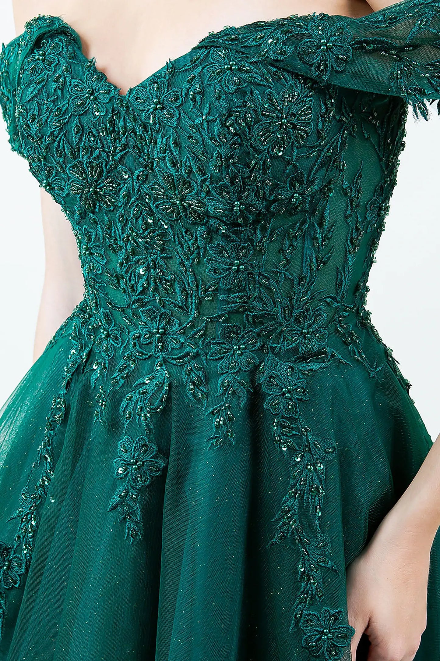 Hunter Green evening dress featuring lace embroidery with beadwork and sequins