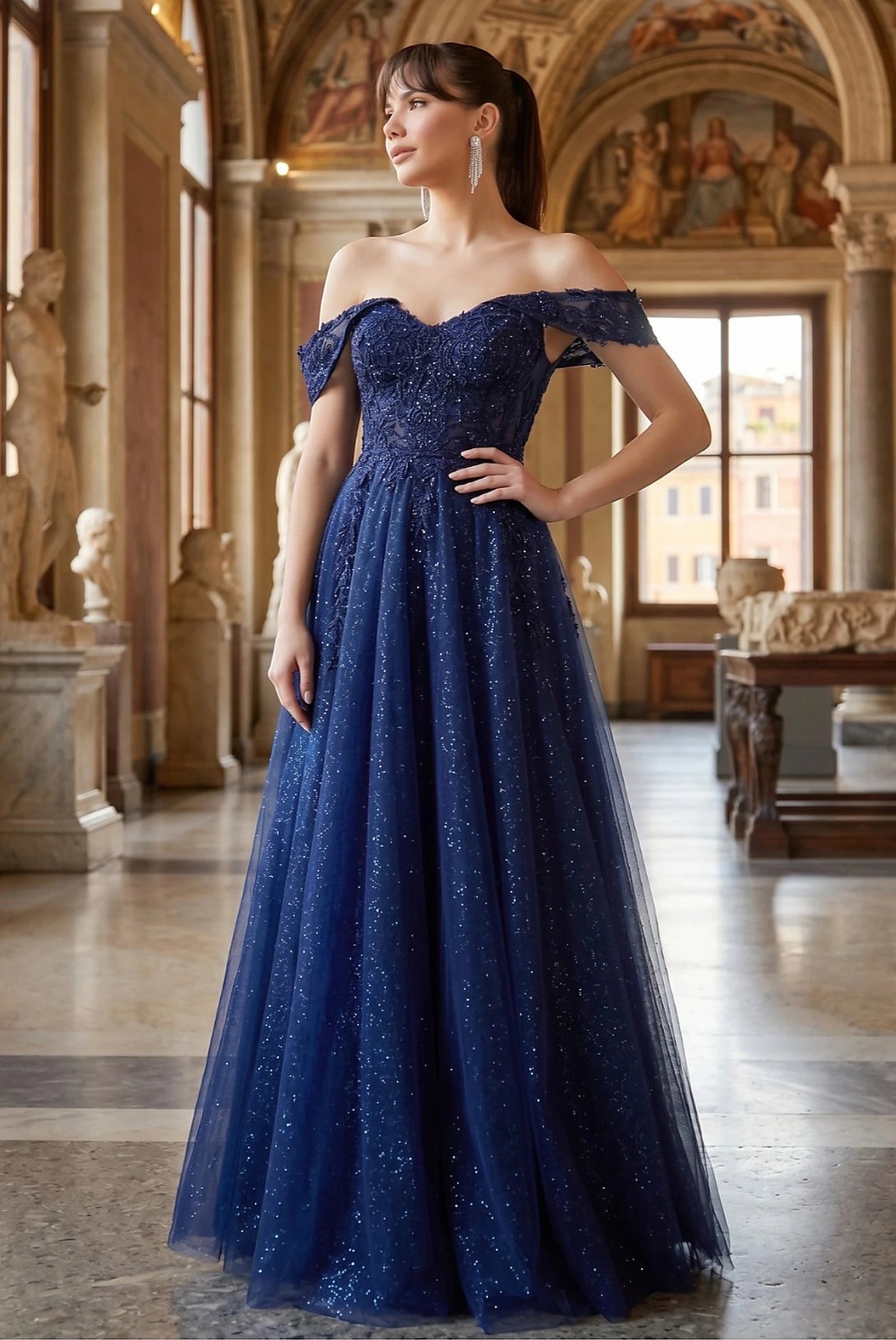 Navy evening dress with sweetheart neckline and off-the-shoulder cap sleeves