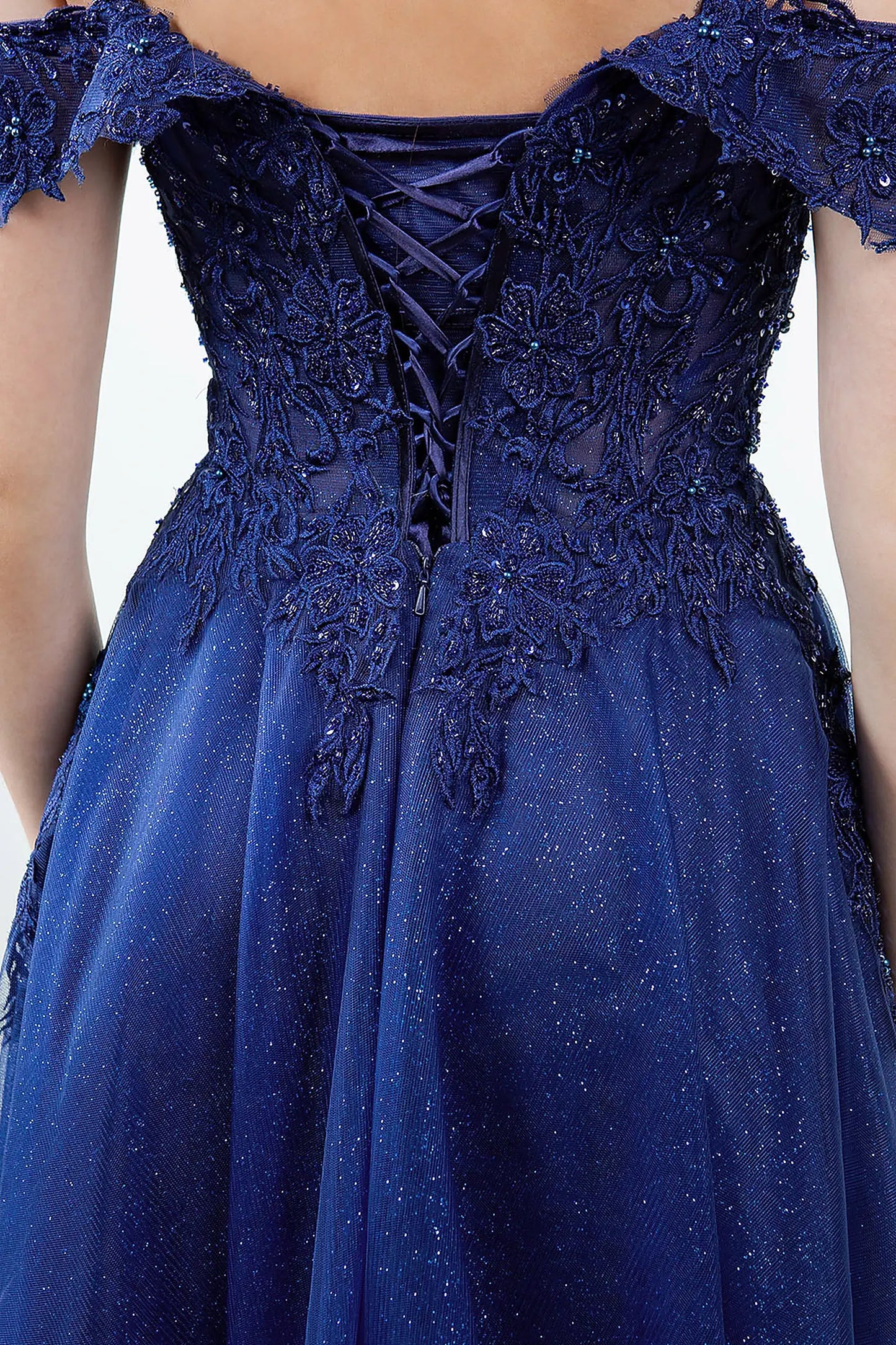 Navy evening dress designed with corset lace-up back and zipper closure