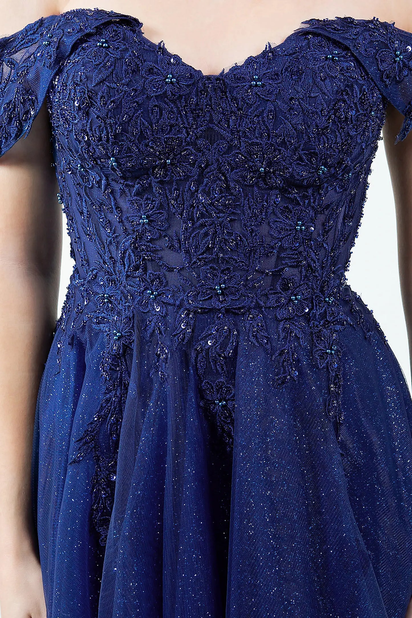 Navy evening dress featuring lace embroidery with beadwork and sequins