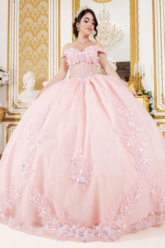 Shown in a full-skirt front view, the Blush quinceañera dress has off-shoulder floral bodice and full skirt with floral border appliques.