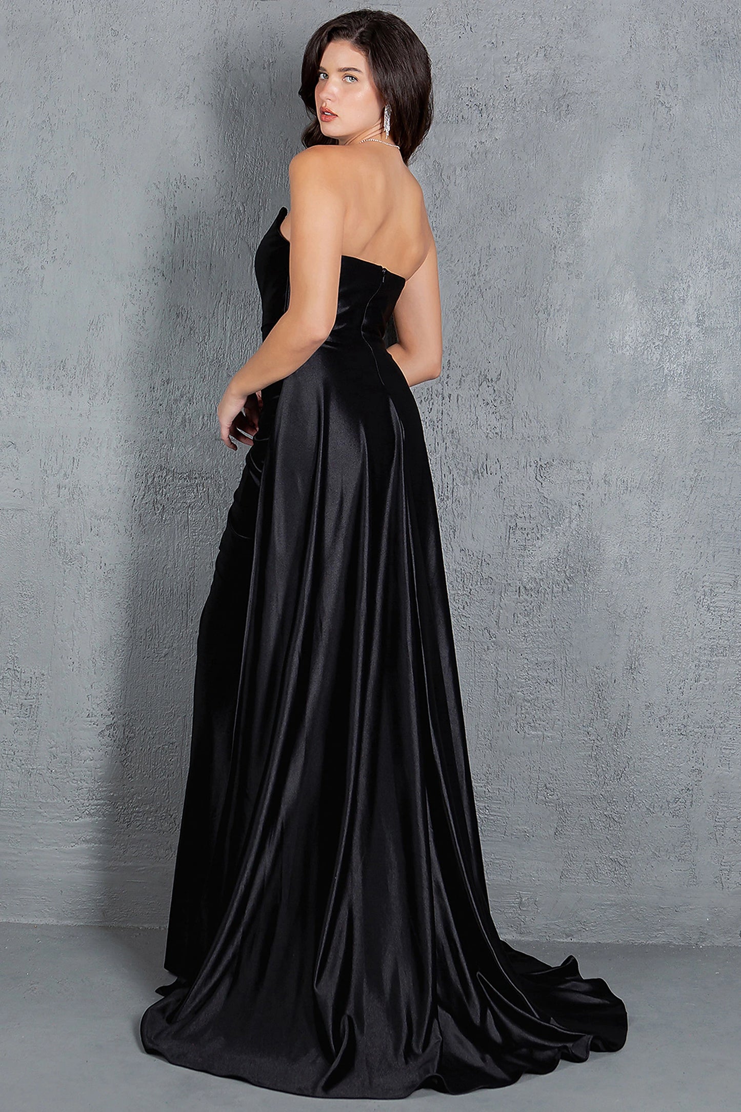 Black prom dress designed with zipper back closure