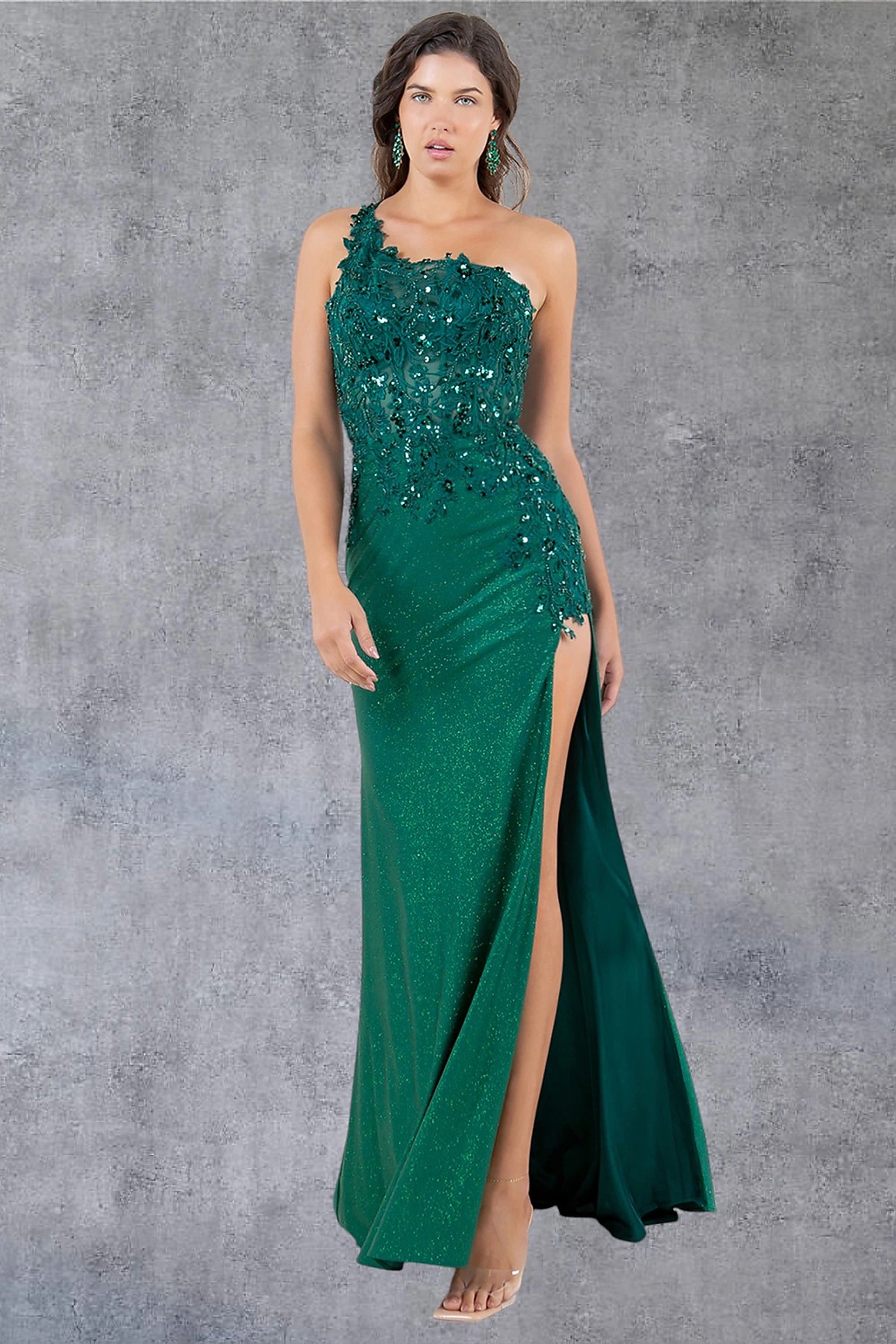 Hunter Green prom dress with one-shoulder bodice and asymmetrical neckline