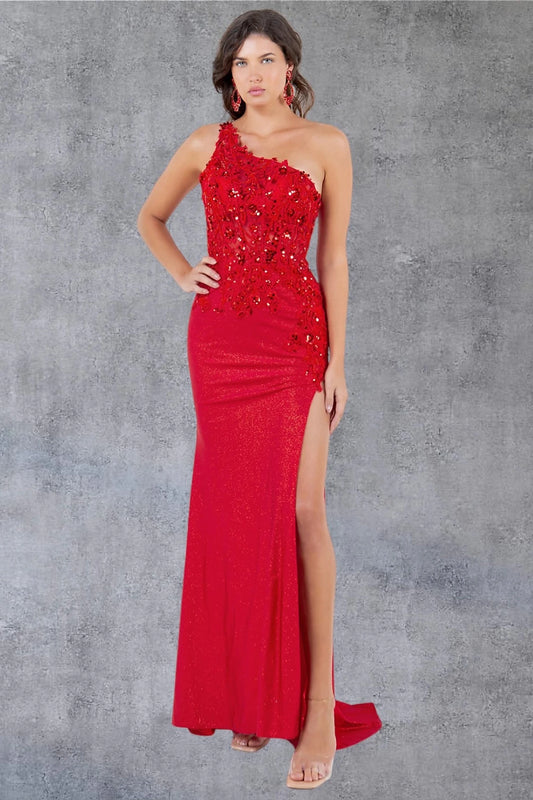 Bodice close-up highlights red prom dress with one-shoulder bodice and asymmetrical neckline.