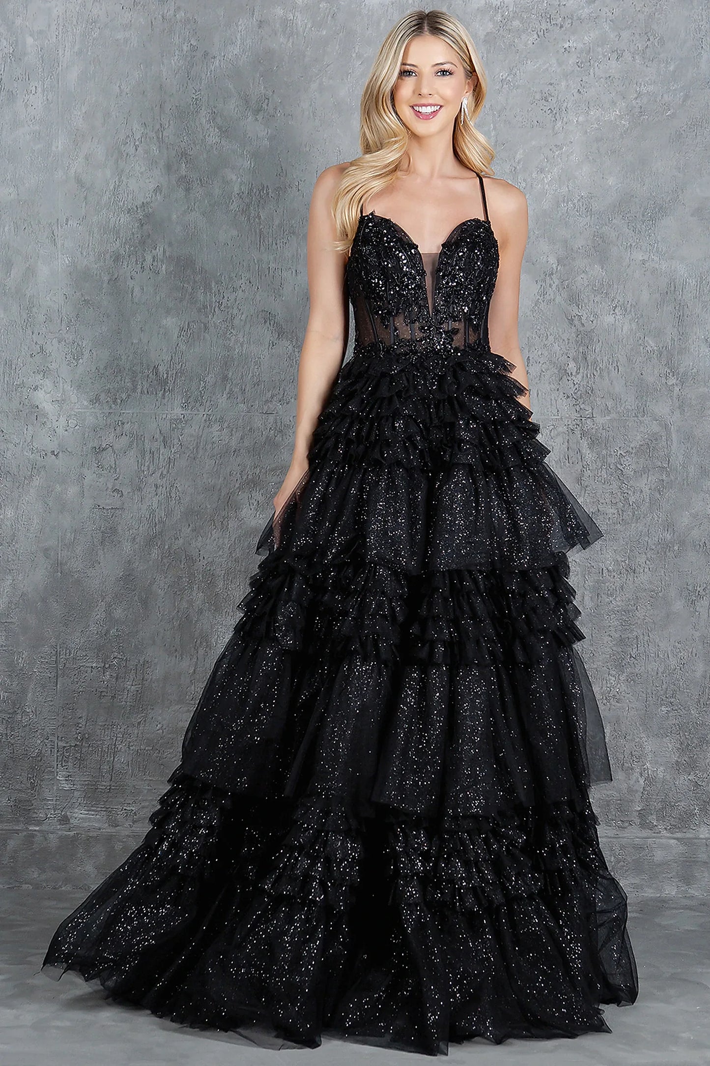 Black prom dress with deep sweetheart neckline and corset bodice
