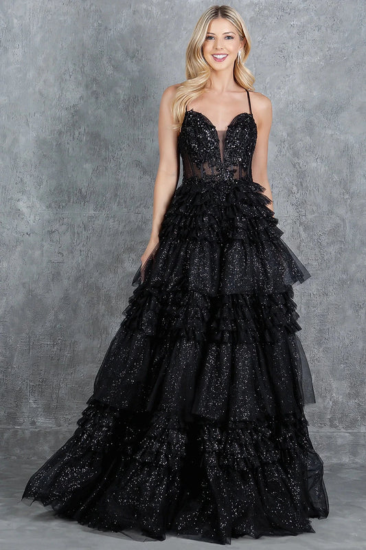 Black prom dress with deep sweetheart neckline and corset bodice