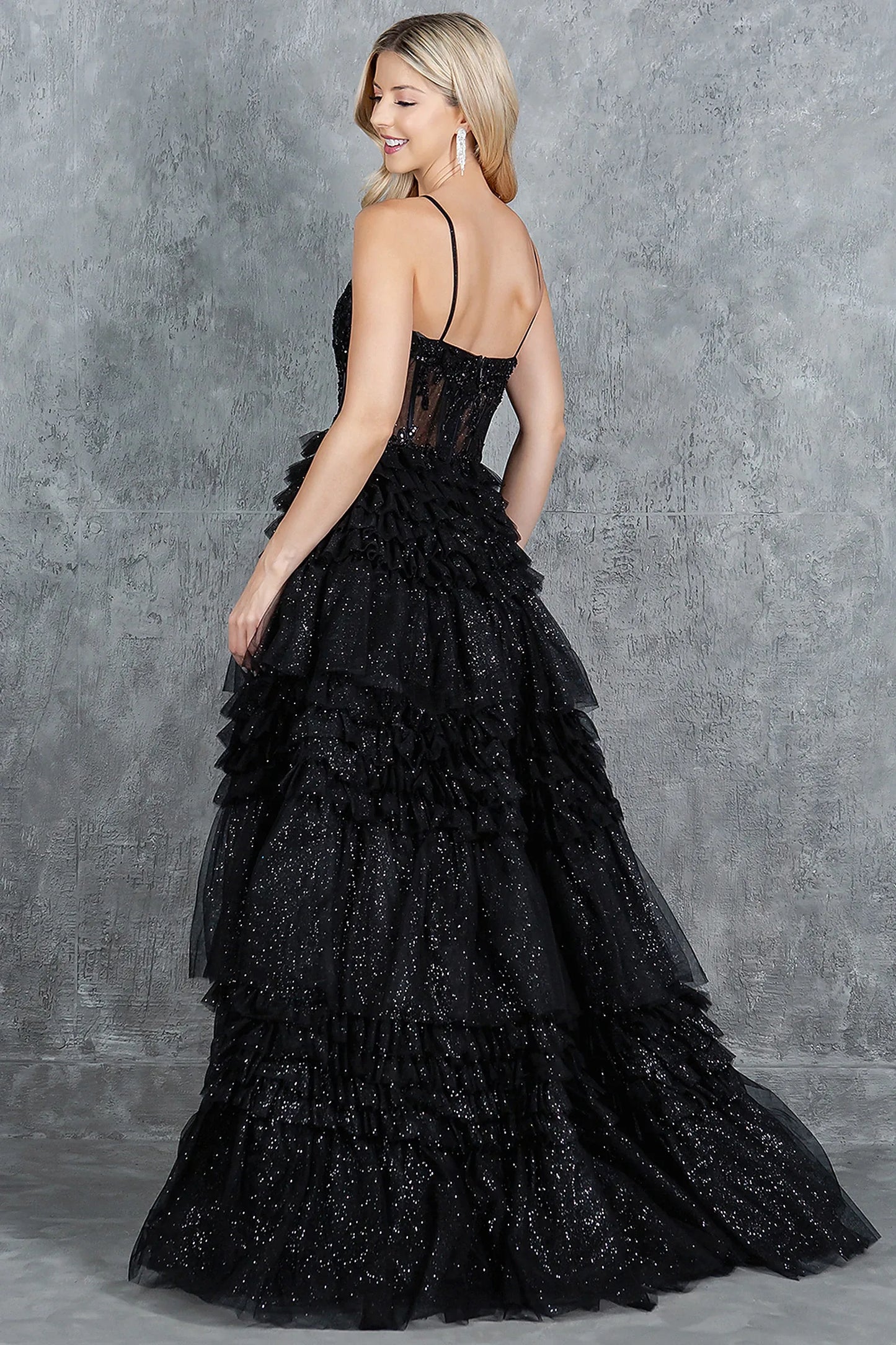 Black prom dress designed with zipper back closure