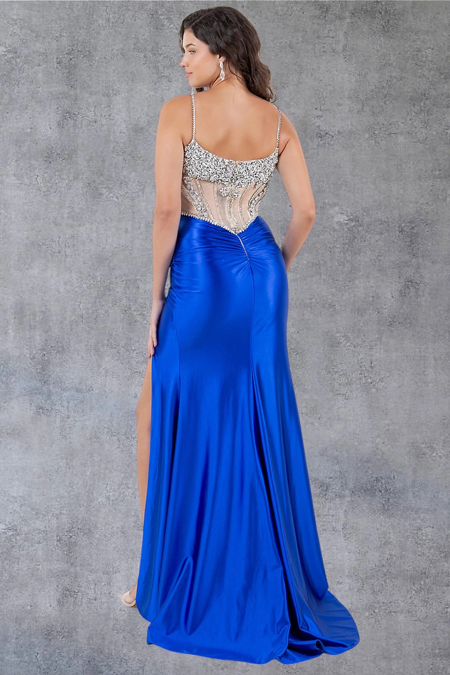 Royal Blue prom dress designed with zipper back closure