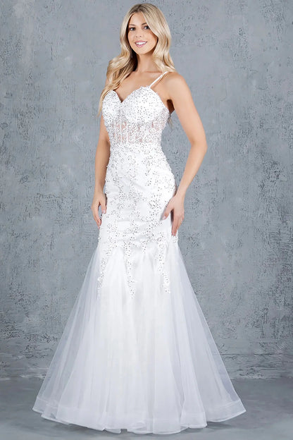 A full-length front view of a woman wearing a silver formal prom dress featuring a lace-up corset and figure-flattering fitted shape.