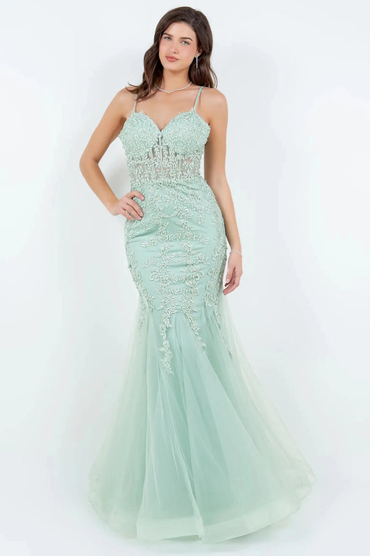 Full front view of a women wearing sage mermaid prom dress with embroidered corset bodice and tulle overlay.