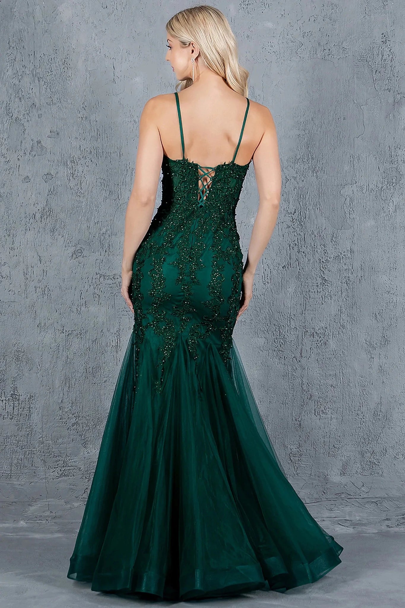 Hunter Green mermaid gown completed with crisscross lace-up back and zipper closure