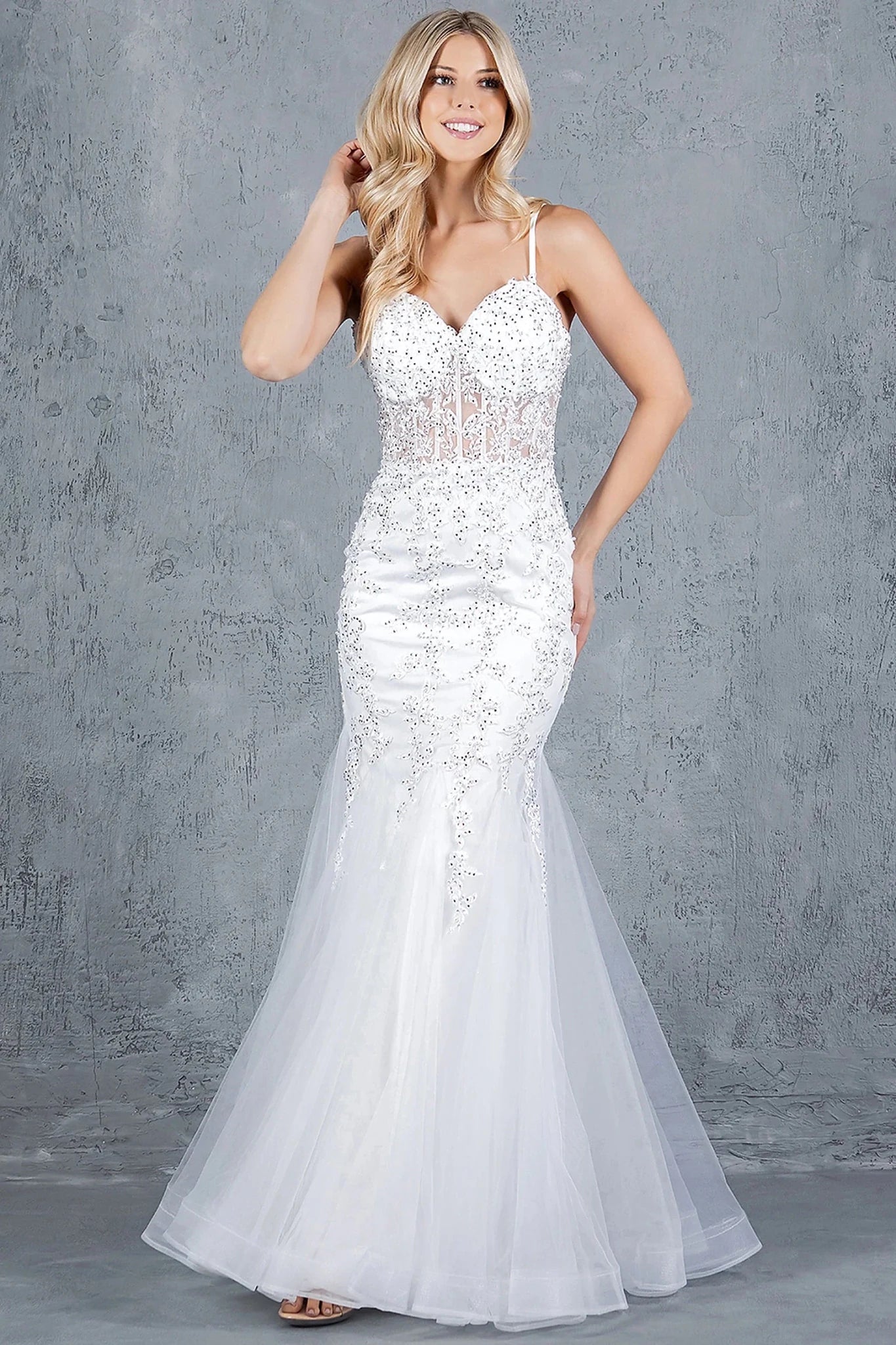 Off White mermaid gown with fitted bodice and lace embroidery
