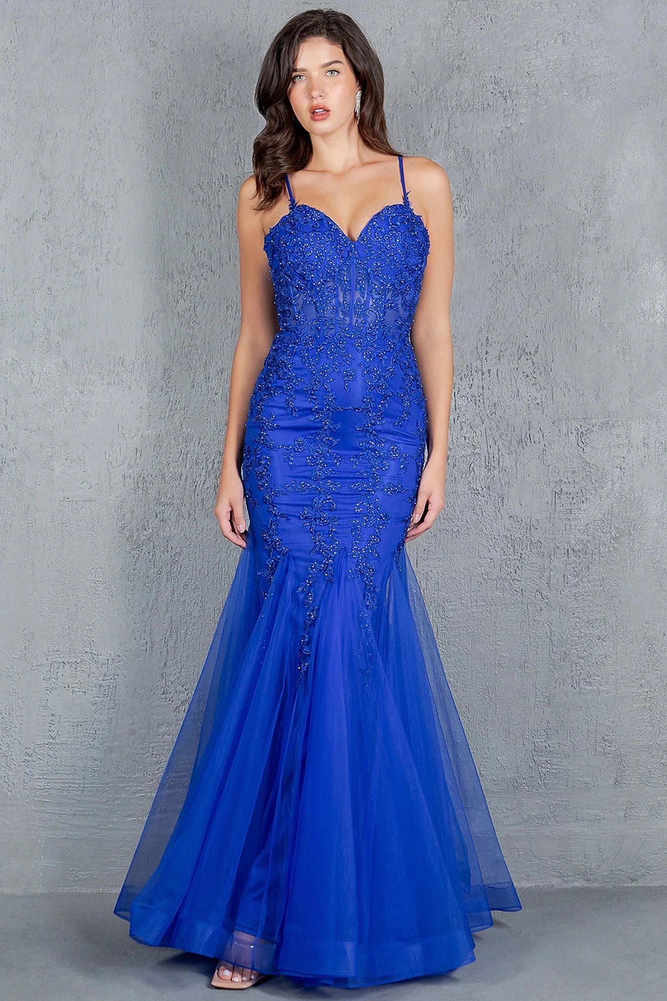 Royal Blue mermaid gown styled with sweetheart neckline and spaghetti straps