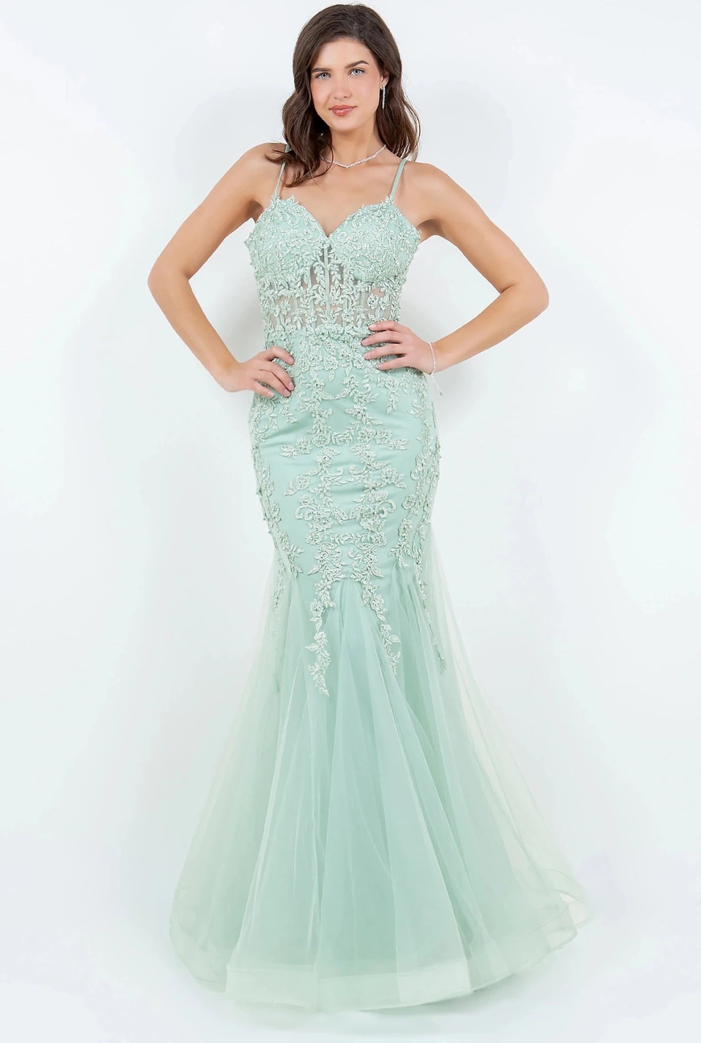 Sage mermaid gown with fitted bodice and lace embroidery