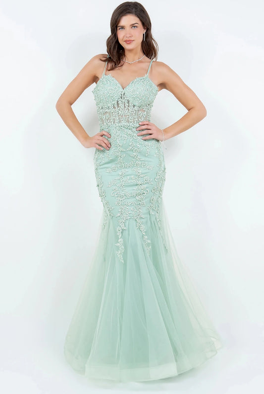Elegant Sage Lace Corset Mermaid Prom Dress