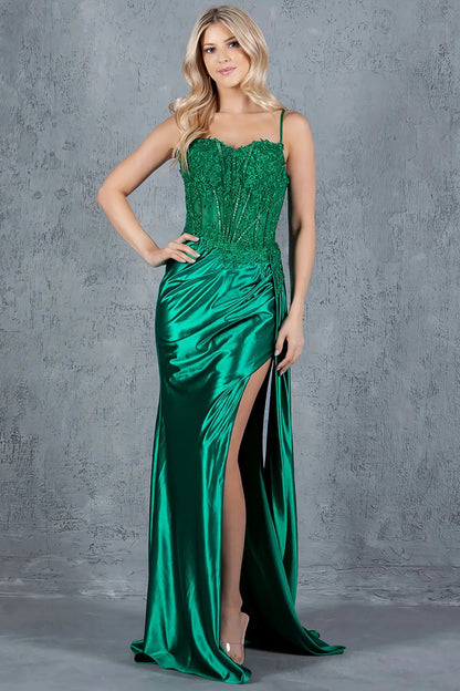 Full front view of a women wearing green lace corset prom dress with sweetheart neckline and slit.