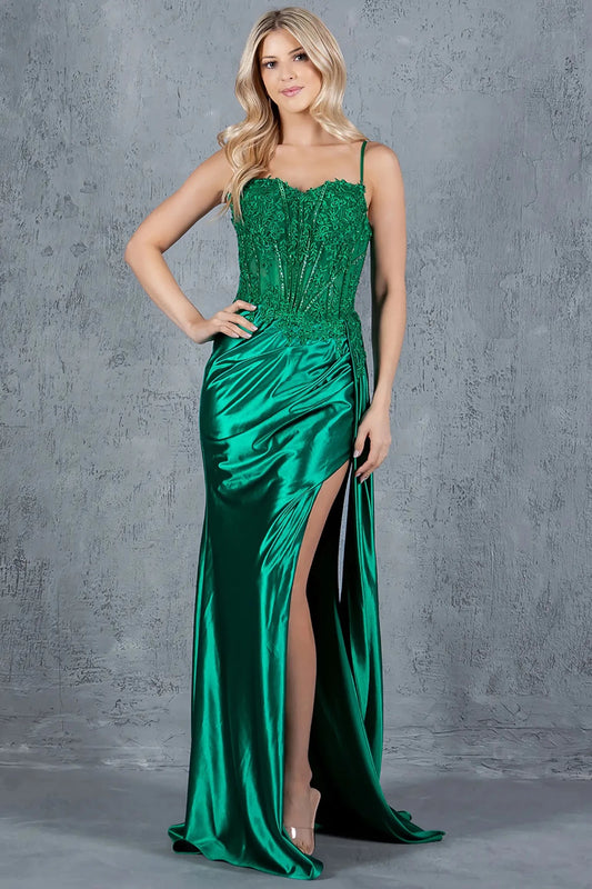 Full front view of a women wearing green lace corset prom dress with sweetheart neckline and slit.