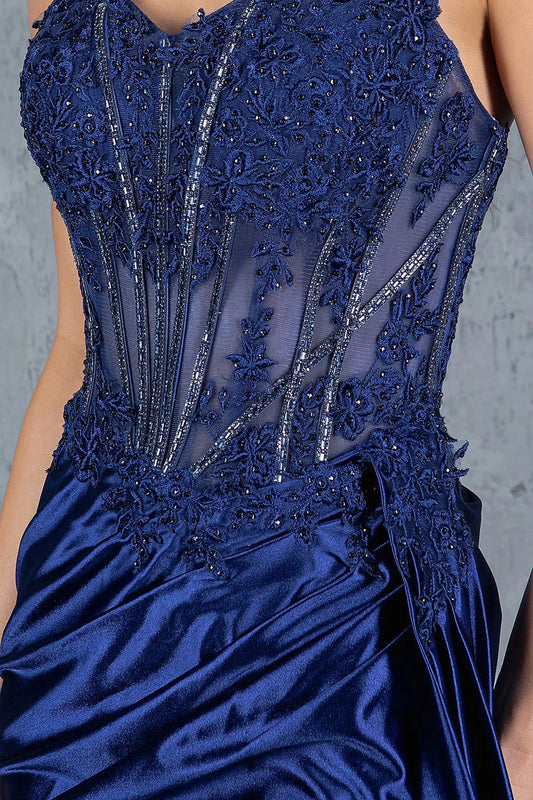 Opulent Navy Floral Lace Corset prom dress with Slit