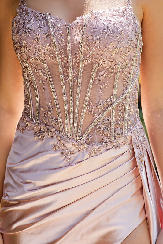 Opulent Rosepink Floral Lace Corset prom dress with Slit