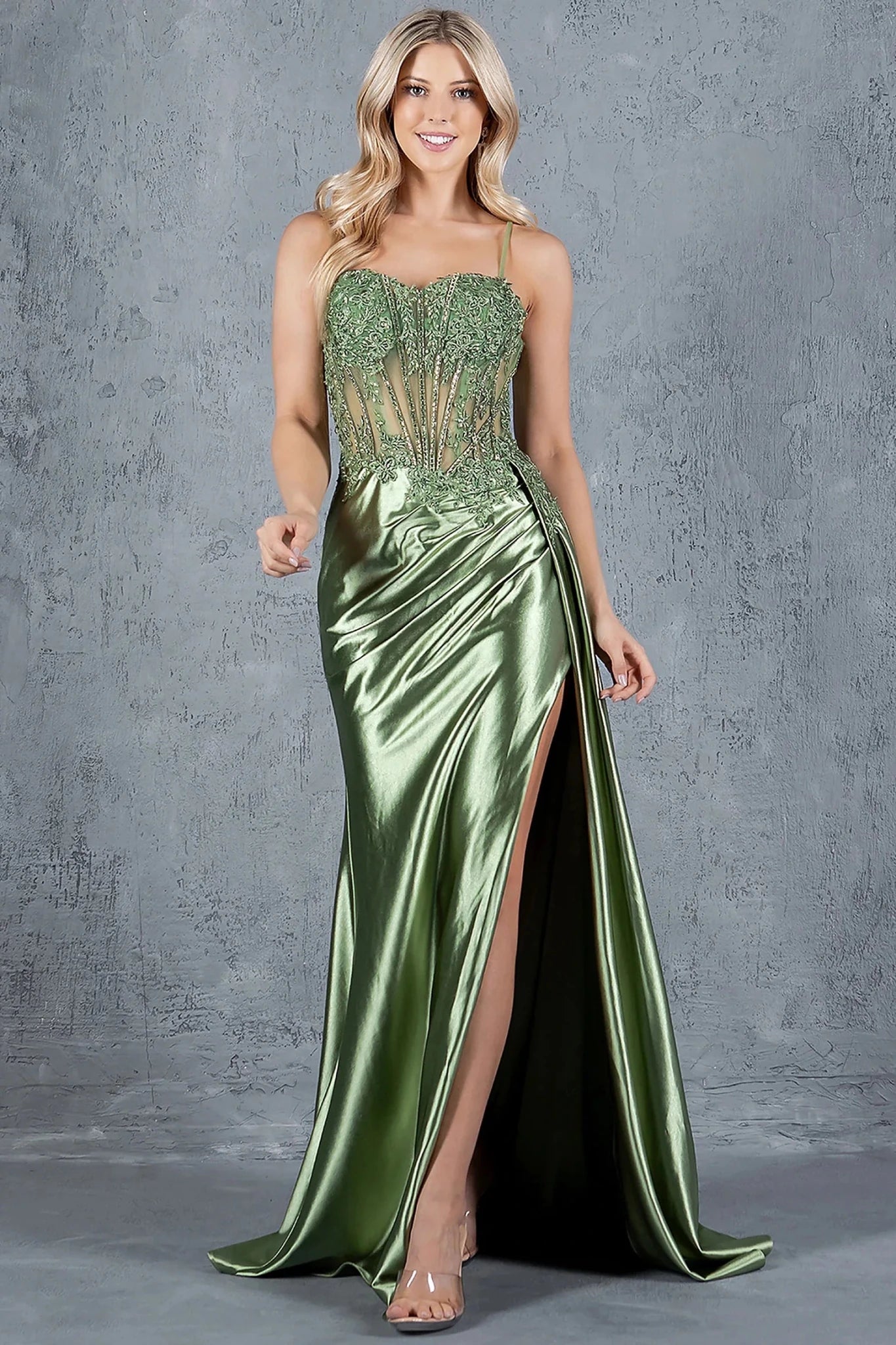 Sage prom dress with fitted bodice and floral lace embroidery