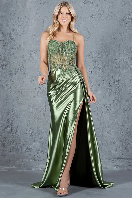 Opulent Sage Floral Lace Corset prom dress with Slit