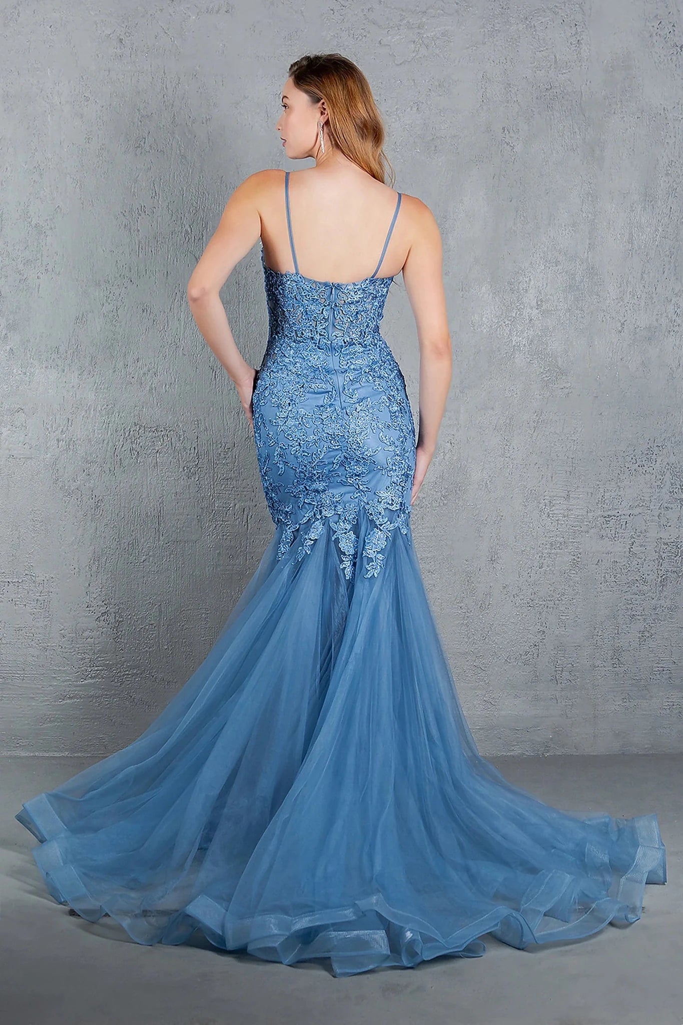 Dusty Blue prom dress designed with zipper back closure