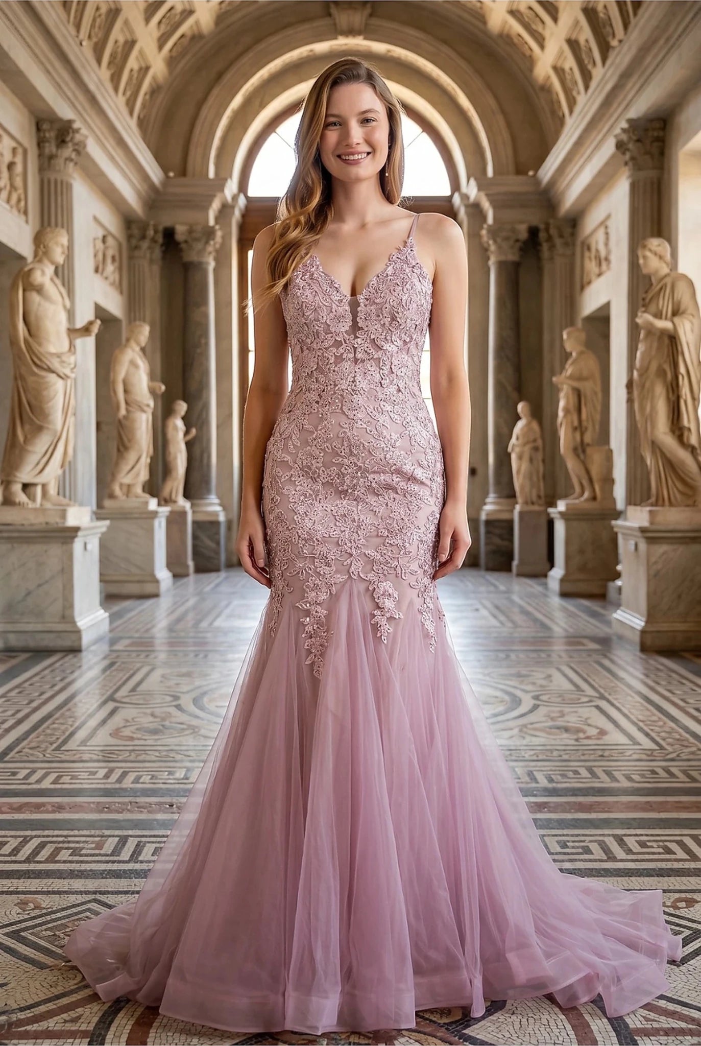 Rose gold prom dress with plunging V-neckline and spaghetti straps