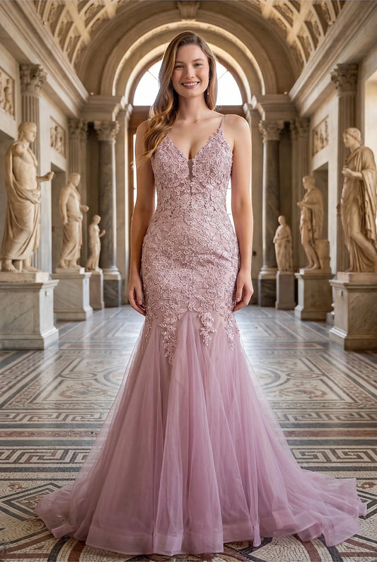 Bodice close-up highlights rose gold prom dress with plunging V-neckline and spaghetti straps.