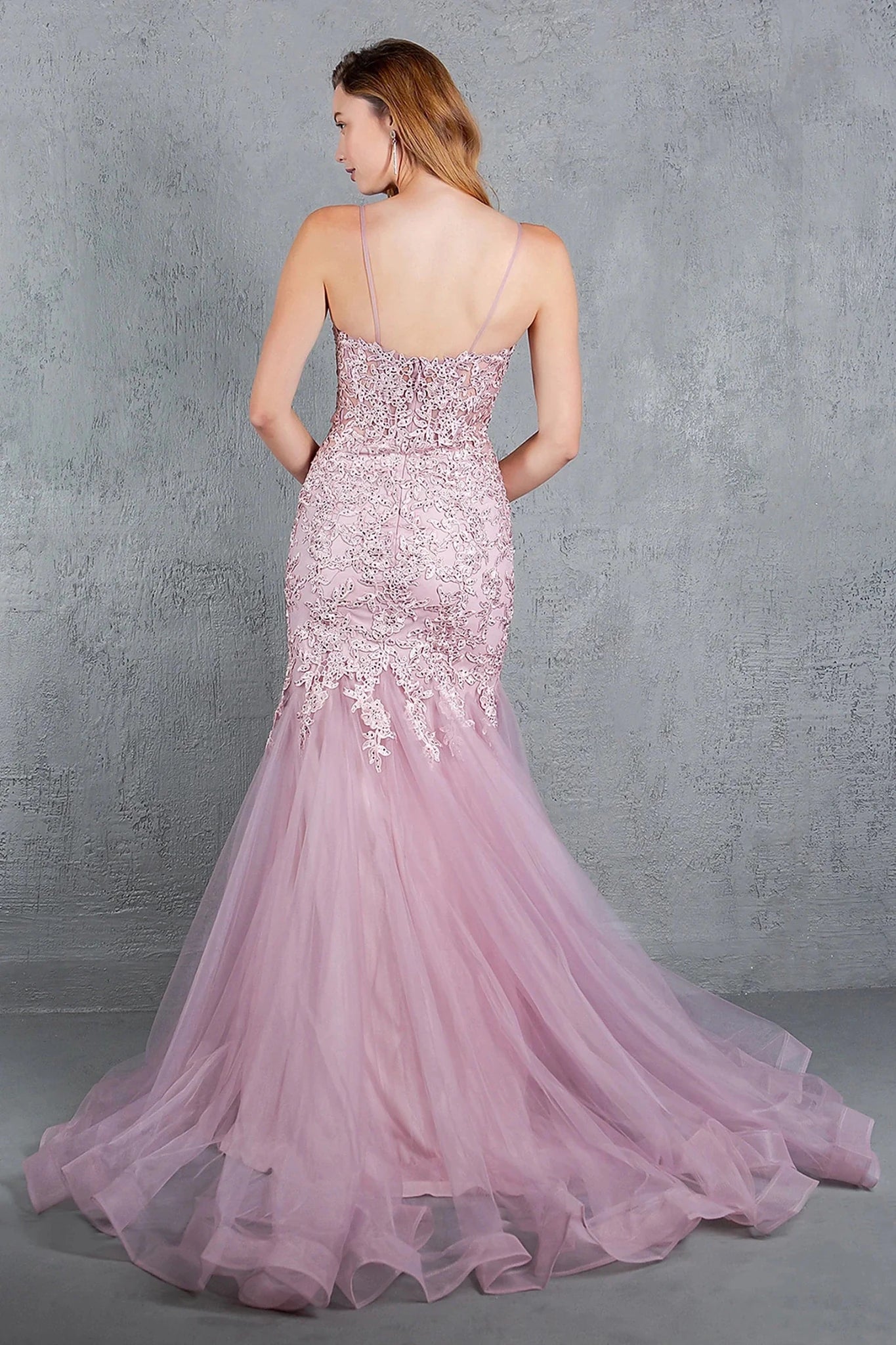 Rose gold prom dress designed with zipper back closure