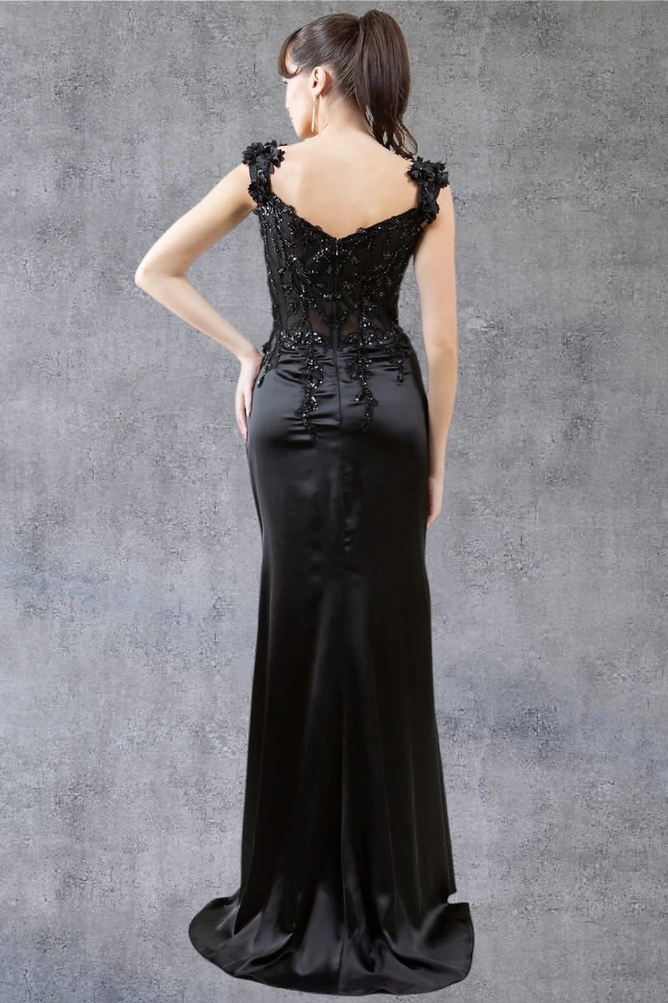 Black evening dress designed with zipper back closure