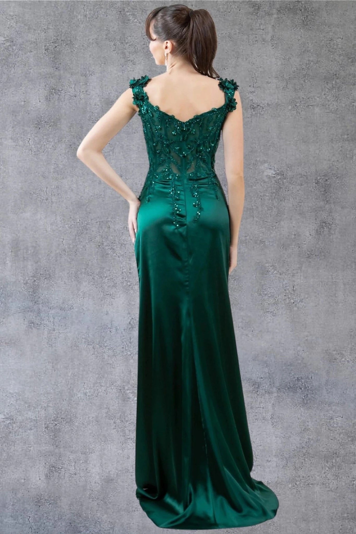 Hunter green evening dress designed with zipper back closure