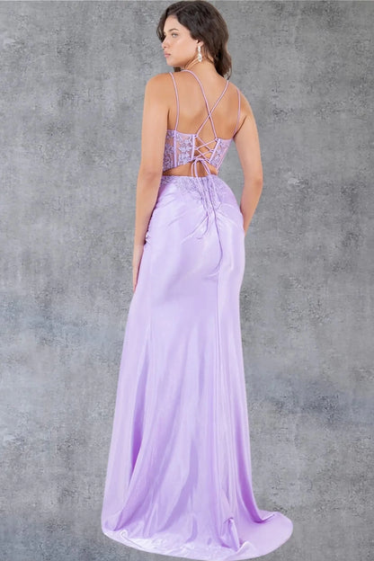 A full back view of a woman wearing a lilac formal dress with a lace-up corset closure.
