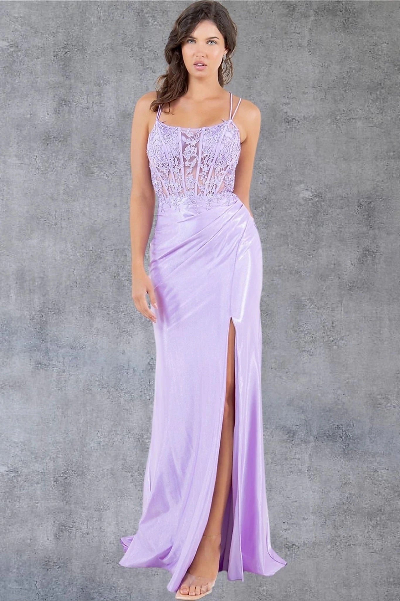 Lilac prom dress with lace embroidery and sheer bodice sections