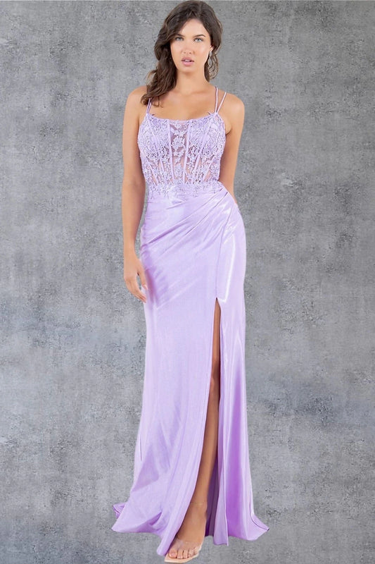 Elegant Lilac Sheer Lace Embroidered prom dress with Slit
