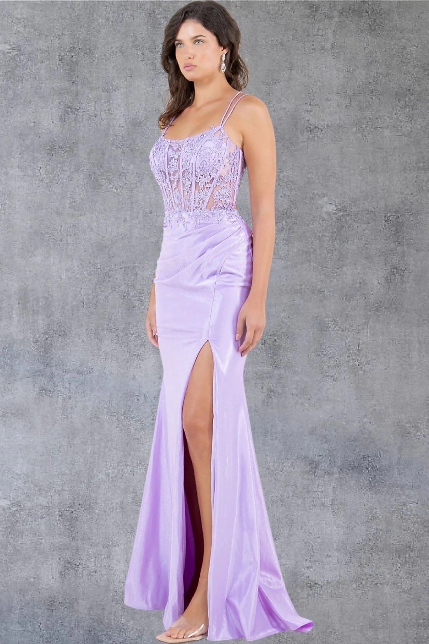 Lilac prom dress showcasing high slit along skirt for movement