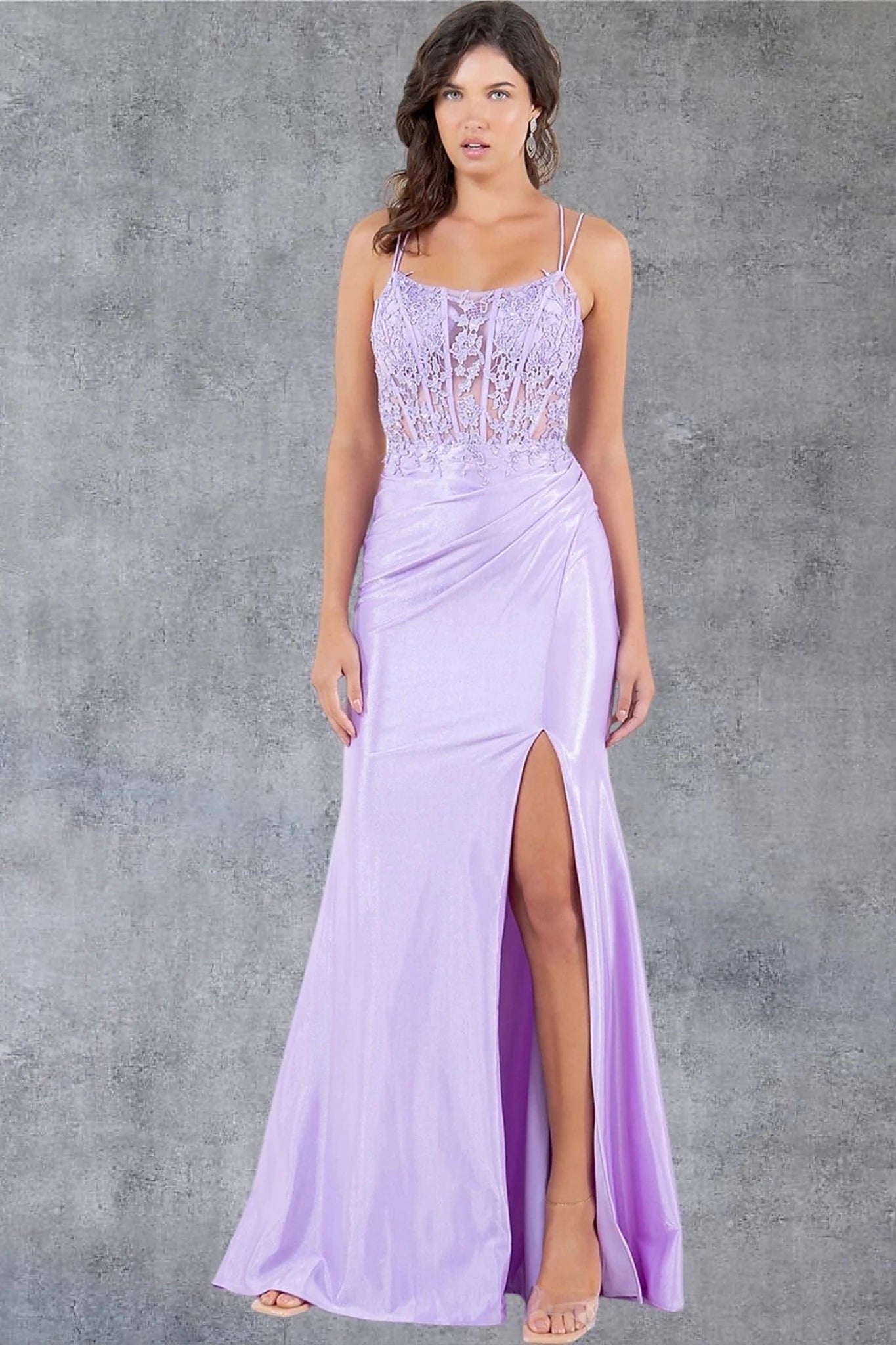 Lilac prom dress styled with long flowing skirt in smooth fabric