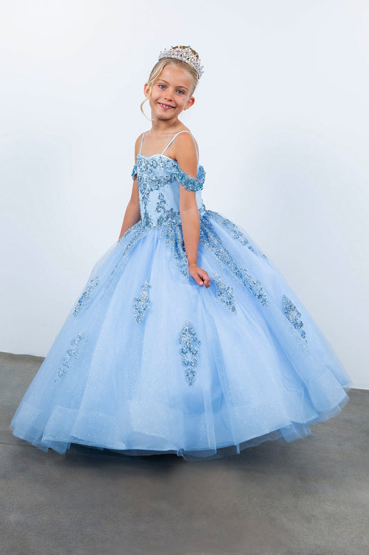 Blue side view kids mini quinceañera mini quince dress with sparkle bead details and layered tulle skirt.