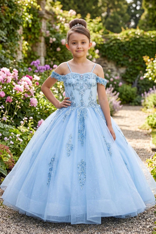 Shown in a front view, the Blue mini quince dress has off-shoulder lace bodice, thin straps and a full tulle skirt.