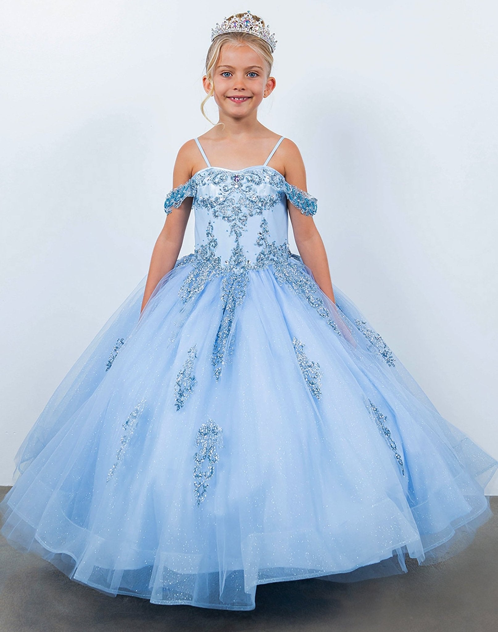 Blue front view kids mini quinceañera mini quince dress with sparkle bead details and layered tulle skirt.