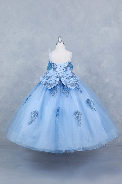 Rear view reveals blue kids mini quinceañera mini quince dress with sparkle bead details and layered tulle skirt.