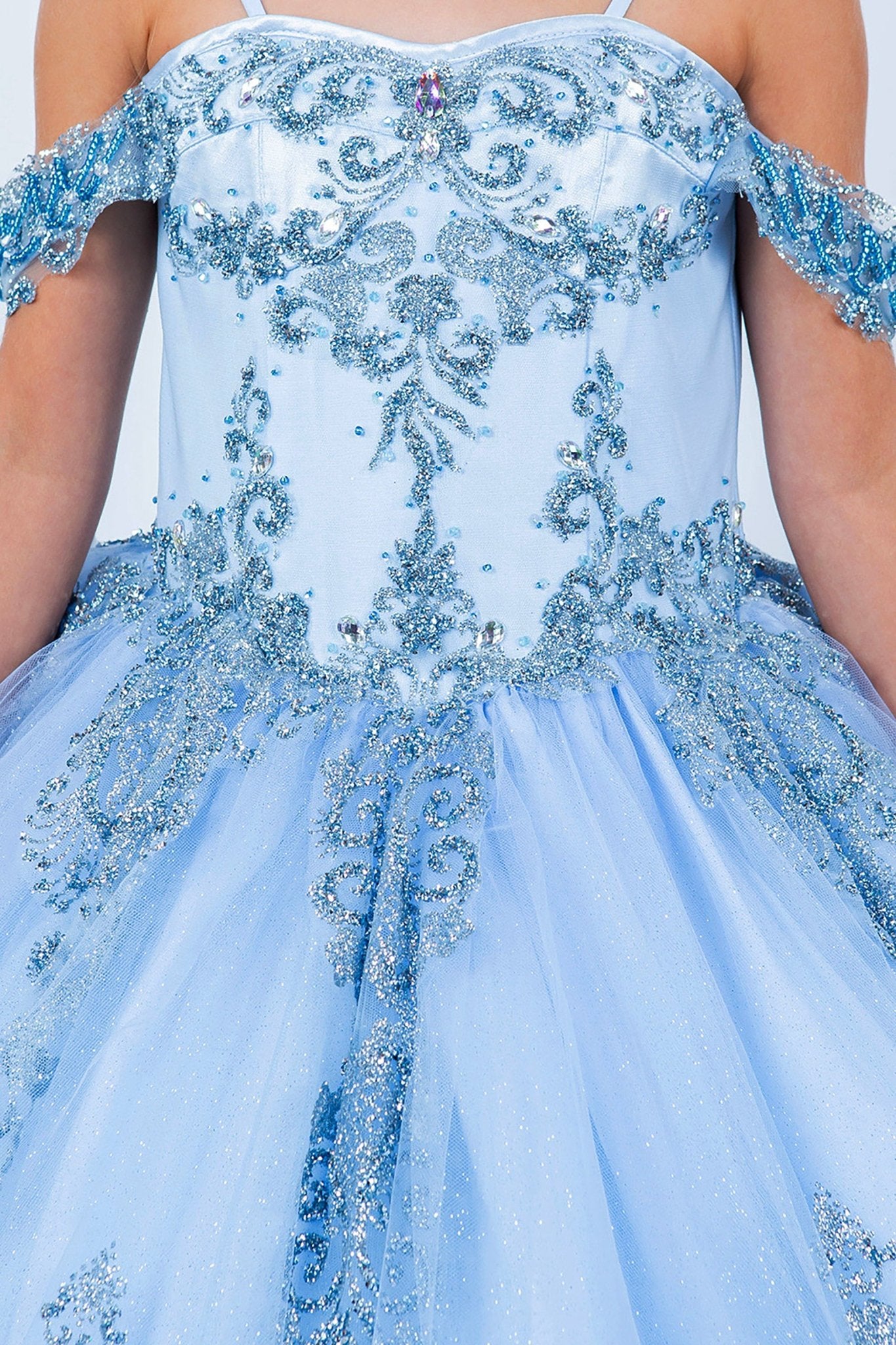 Blue front zoom kids mini quinceañera mini quince dress with sparkle bead details and layered tulle skirt.