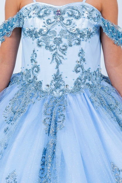 Close-up view reveals blue front zoom kids mini quinceañera mini quince dress with sparkle bead details and layered tulle skirt.