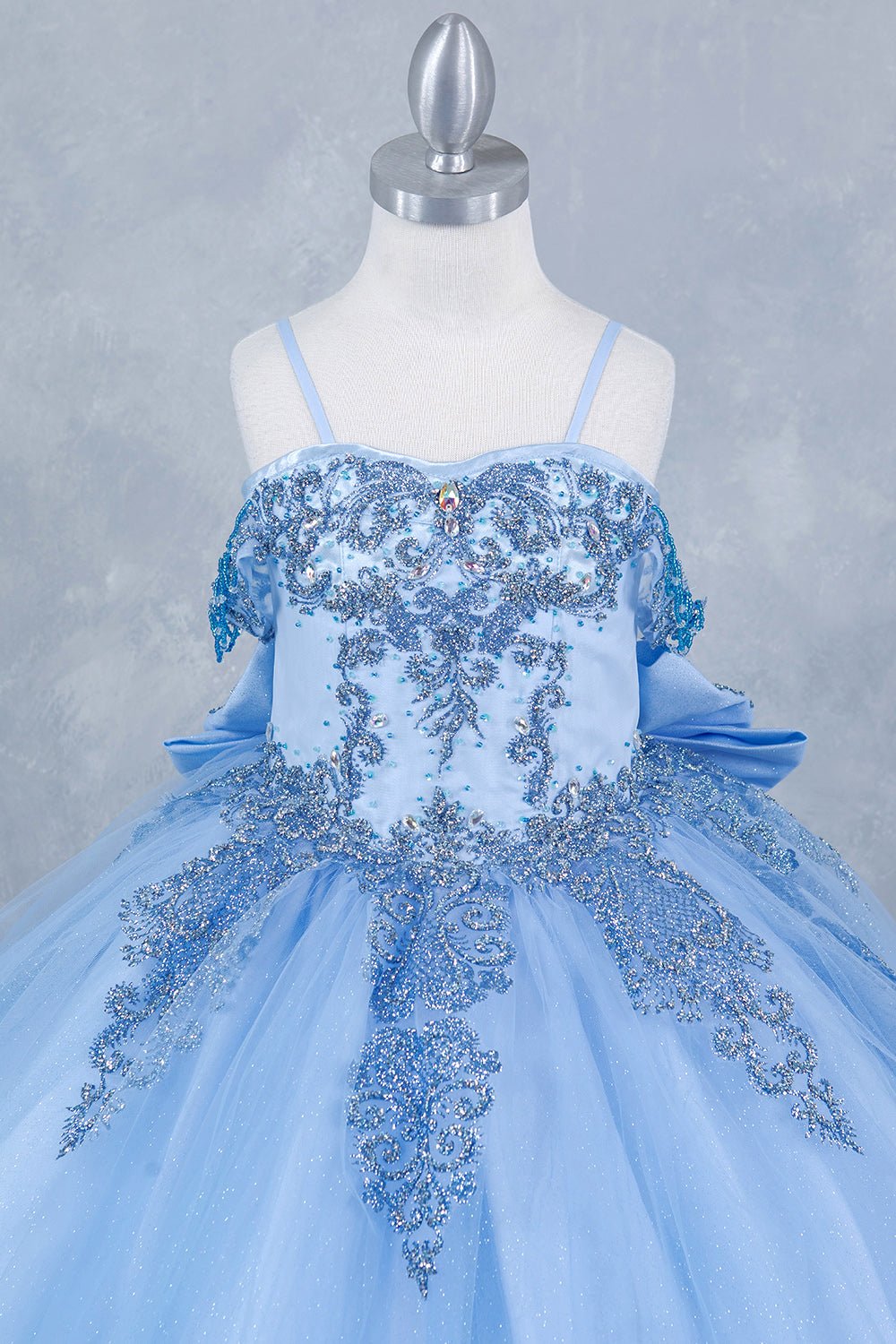 Blue front zoom kids mini quinceañera mini quince dress with sparkle bead details and layered tulle skirt.