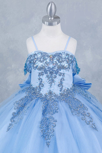 Detailed view highlights blue front zoom kids mini quinceañera mini quince dress with sparkle bead details and layered tulle skirt.