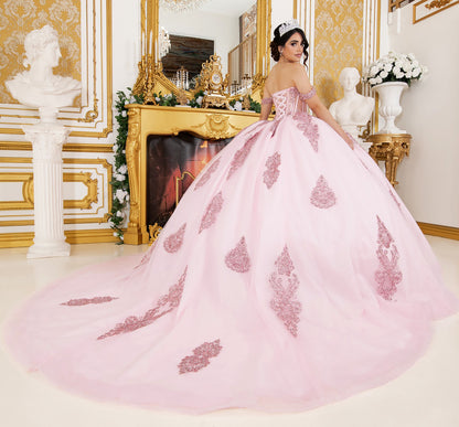 Quinceanera | Pink Off-Shoulder Jewel Long Tail Sweet 15 Ball own | Mirari J dress back view